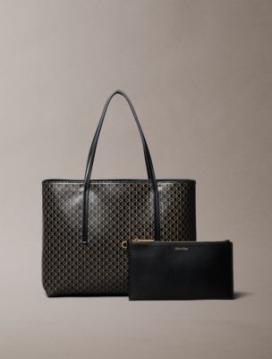 Allover Monogram Logo Small Tote Bag with Pouch, Black