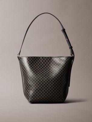 Allover Emblem Logo Bucket Bag with Pouch, Black Aop