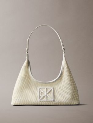 Emblem Logo Mesh Shoulder Bag, White Alyssum