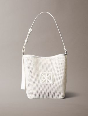 Emblem Mesh Bucket Bag, White Alyssum