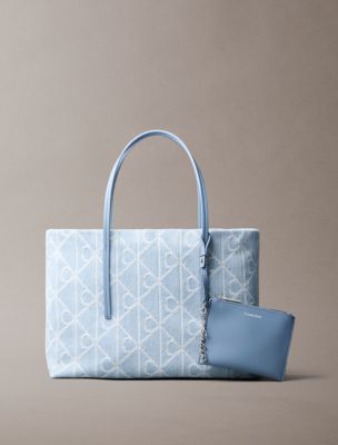 Allover Emblem Logo Denim Small Tote Bag, Denim Light Wash