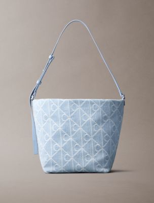 Allover Emblem Logo Denim Bucket Bag, Denim Light Wash