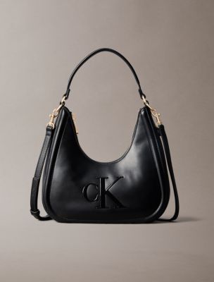 Embossed Monogram Crescent Bag, Black