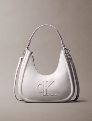 Embossed Monogram Crescent Bag, Gray Lilac