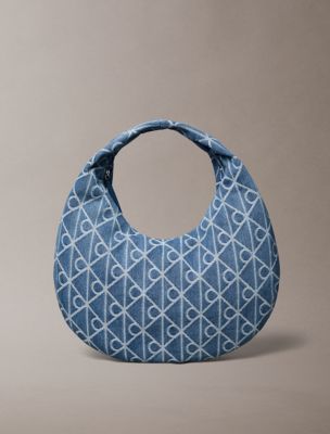 Allover Emblem Logo Denim Hobo Bag, Denim Medium Wash