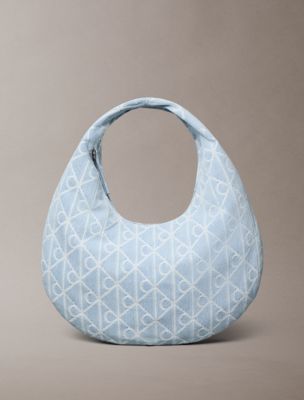Allover Emblem Logo Denim Hobo Bag, Denim Light Wash