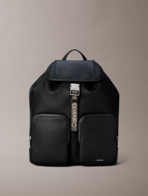 Logo Strap Flap Backpack, Black