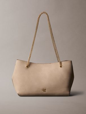 Sueded Minimal Monogram Chain Shoulder Bag, Desert Taupe