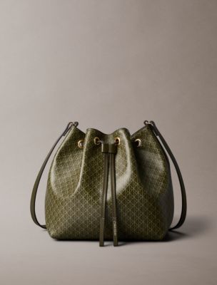 Emblem Logo Drawstring Bucket Bag, Olive Night Seagrass Aop