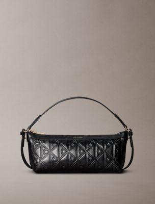 Debossed Allover Emblem Logo Long Shoulder Bag, Black