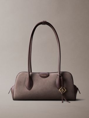 Suede Emblem Logo Shoulder Bag, Moonstruck/Plum Truffle