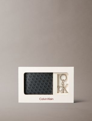 Refined Leather Wallet + Key Ring Gift Set, Black Aop