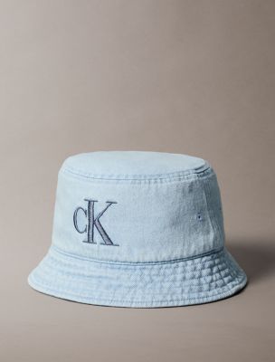 Washed Denim Embroidered Logo Bucket Hat, Light Washed Denim