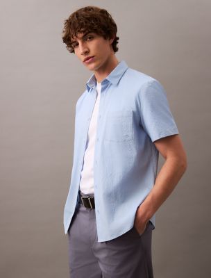 Solid Seersucker Classic Button-Down Shirt, Chambray Blue