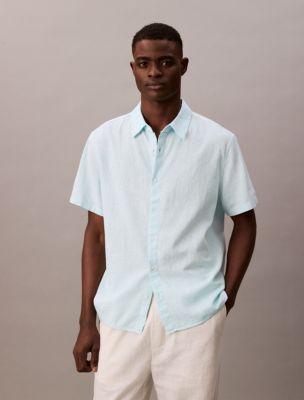 Linen Cotton Short Sleeve Classic Button-Down Shirt, Niagra Mist
