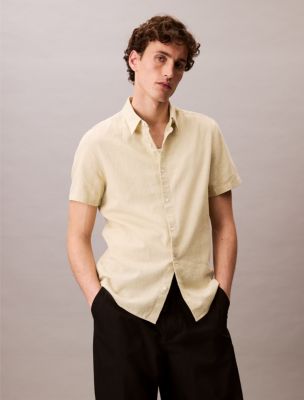 Linen Cotton Short Sleeve Classic Button-Down Shirt, Tender Greens