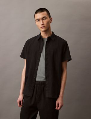 Linen Cotton Short Sleeve Classic Button-Down Shirt, Black