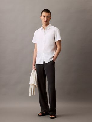 Linen Cotton Short Sleeve Classic Button-Down Shirt, Brilliant White