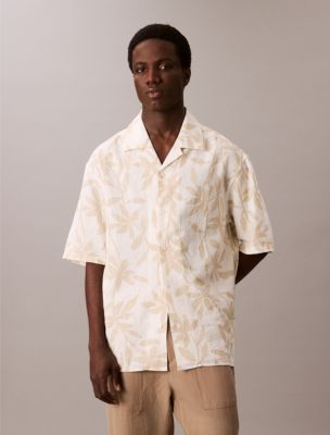 Linen Cotton Print Relaxed Button-Down Shirt , Pistachio Shell