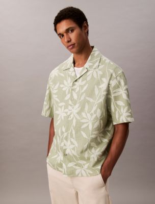 Linen Cotton Print Relaxed Button-Down Shirt , Eggshell Green