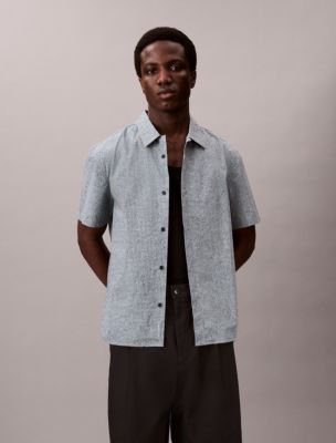 Grid Print Relaxed Button-Down Shirt , Peace Blue
