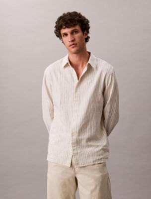 Linen Cotton Stripe Classic Button-Down Shirt , Tofu