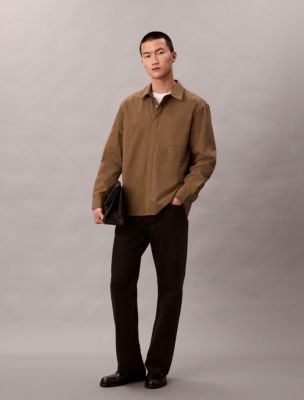 Cotton Nylon Relaxed Button-Down Shirt, Capers