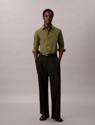 Cotton Stretch Poplin Slim Button-Down Shirt , Kale Green
