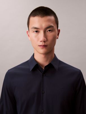 calvin klein navy blue dress shirt Calvin Klein Men's Dress Shirt Slim Fit Non-iron Herringbone 15" Neck  34"-35" Sleeve Blue Velvet
