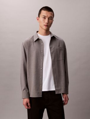 Wool Blend Relaxed Button-Down Shirt, Grey