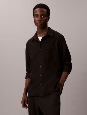 Wool Blend Relaxed Button-Down Shirt, Black