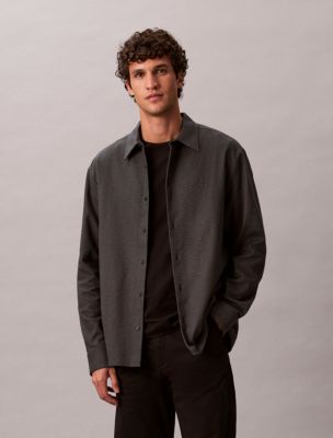 Melange Flannel Relaxed Button-Down Shirt, Black
