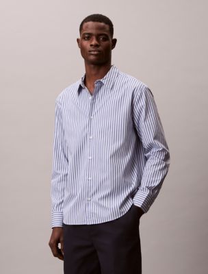 Double Stripe Cotton Relaxed Button-Down Shirt, Xenon Blue