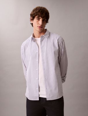 Double Stripe Cotton Relaxed Button-Down Shirt, Brilliant White