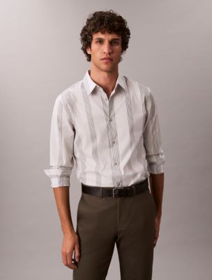 Yarn-Dyed Stripe Supima Stretch Slim Shirt, Glacier Gray