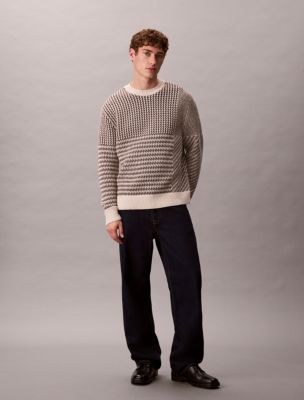 Wool Blend Patterned Relaxed Sweater, Taupe Tone