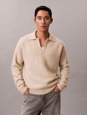 Brushed Alpaca Blend Johnny Collar Sweater, Pelican