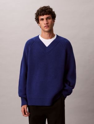 Merino Wool Blend Relaxed V-Neck Sweater, Bellwether Blue