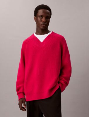 Merino Wool Blend Relaxed V-Neck Sweater, Petunia Pink