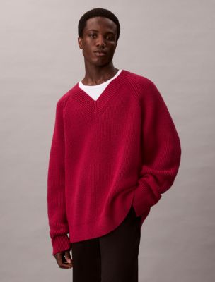 Merino Wool Blend Relaxed V-Neck Sweater, Beet Red