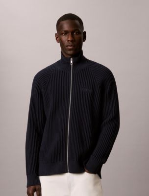 Smooth Cotton Stitch Full Zip Sweater, Dark Sapphire