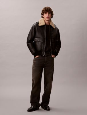 Shearling Leather Flight Jacket, Black / Natural