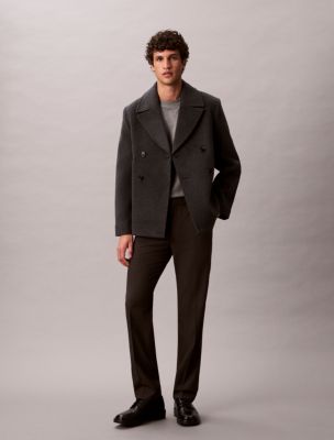 Double-Faced Wool Blend Pea Coat, Charcoal Heather