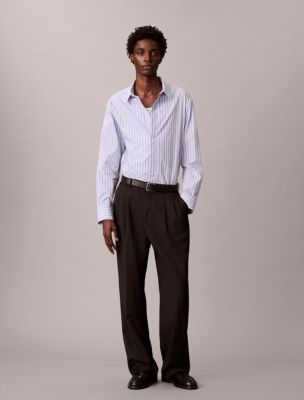 Cotton Stripe Relaxed Button-Down Shirt, Casual Blue 
