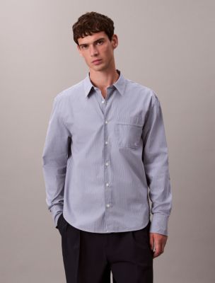 Stripe Poplin Relaxed Button-Down Shirt, Dusty Sailor Blue