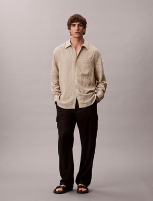 Yarn-Dyed Stripe Crinkle Relaxed Button-Down Shirt, Ancient Marble 