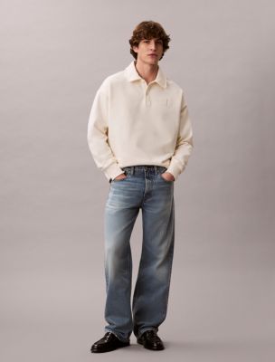 French Terry Emblem Logo Polo Sweatshirt, Antique White