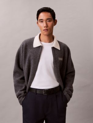 Merino Wool Blend Contrast Collar Jacket, Medium Grey Heather
