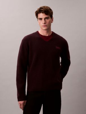 Merino Wool Relaxed V-Neck Sweater, Mocha Brown