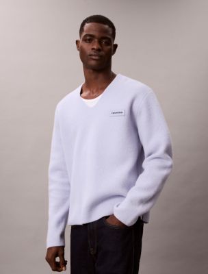 Merino Wool Relaxed V-Neck Sweater, Casual Blue 